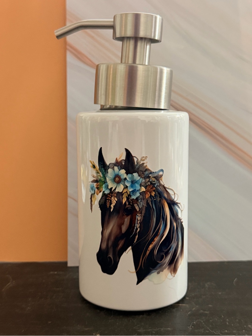 Ceramic Horse Soap Dispenser Double Sided Print Blue Floral Mane